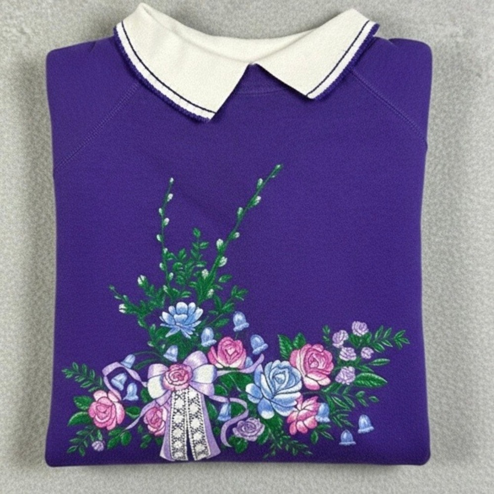 Vintage 90s Hanes Her Way Floral Sweatshirt Made in USA L Lace‎ Double Collar